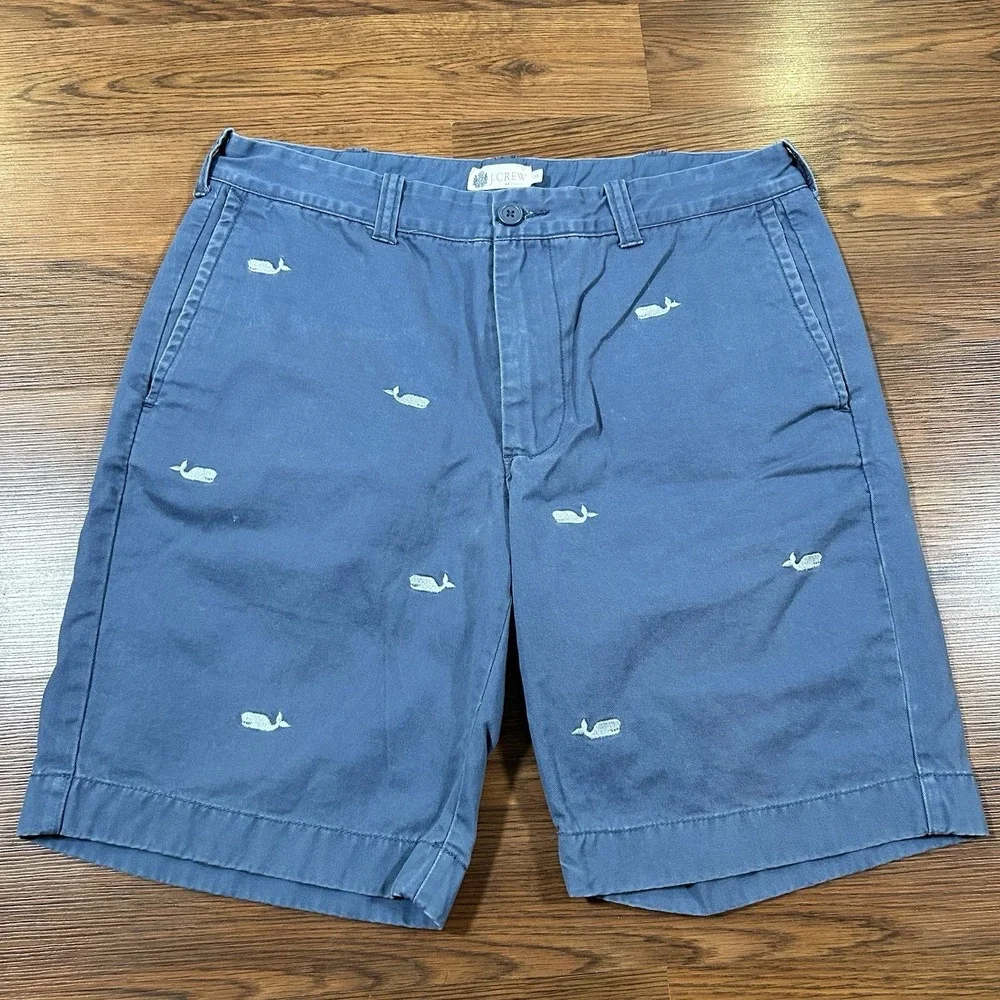 J.Crew Mens Blue Whale Embroidered Chino Shorts Size 33‎ Cotton Nautical Preppy
